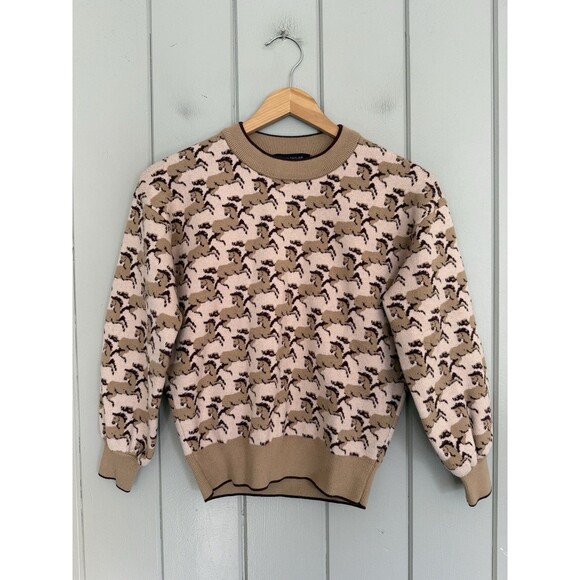 Ann Taylor Equestrian Horse Sweater XXSP Crew Neck Brown 3/4 Sleeves - Picture 1 of 6
